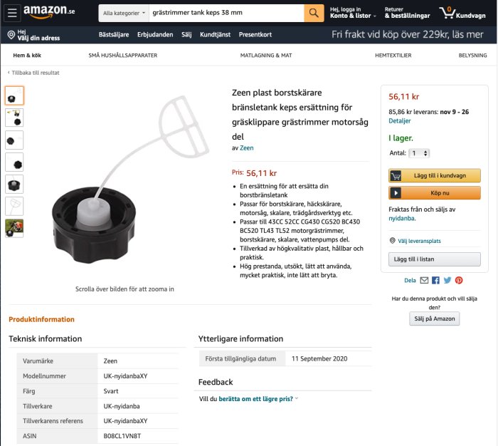 Ersättningstanklock för grästrimmer visat på Amazon, svart med vit mätarstav, produktdetaljer synliga.