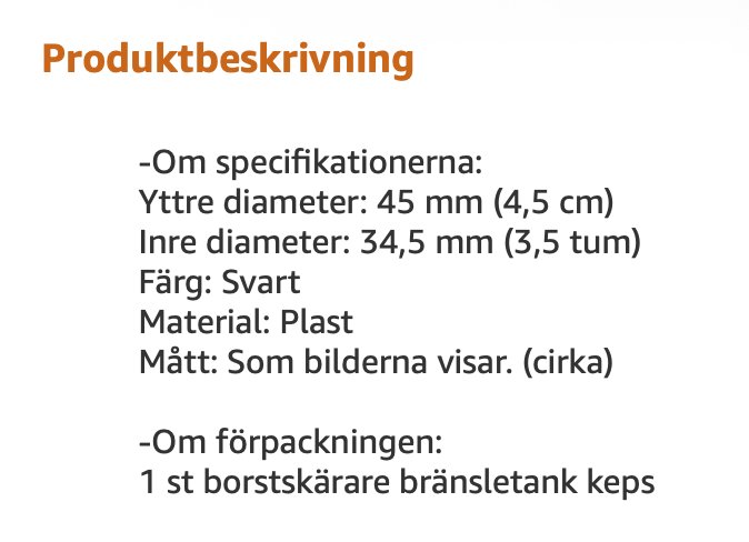 Produktbeskrivning för svart bränsletanklock med specifikationer: yttre diameter 45 mm, inre diameter 34,5 mm, gjord av plast.