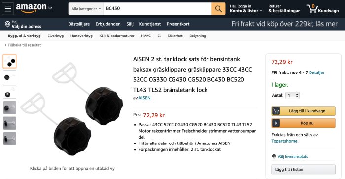 Två svarta bränsletanklock för trädgårdsmaskiner, listade på Amazon för 72,29 kr.