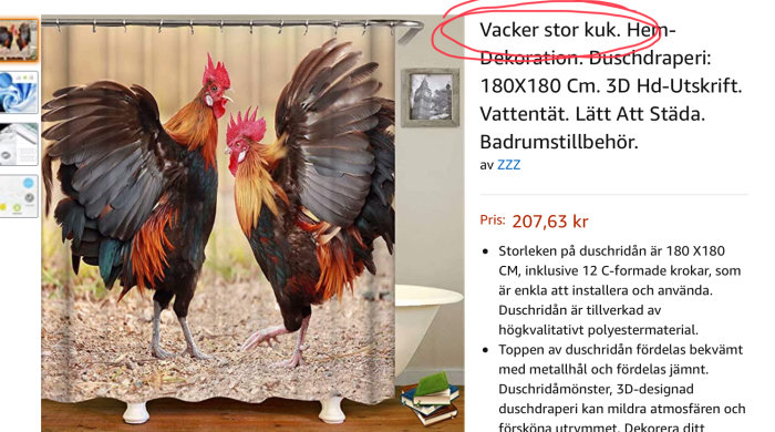 Duschdraperi med realistiskt tryck av två tuppar som står på marken.