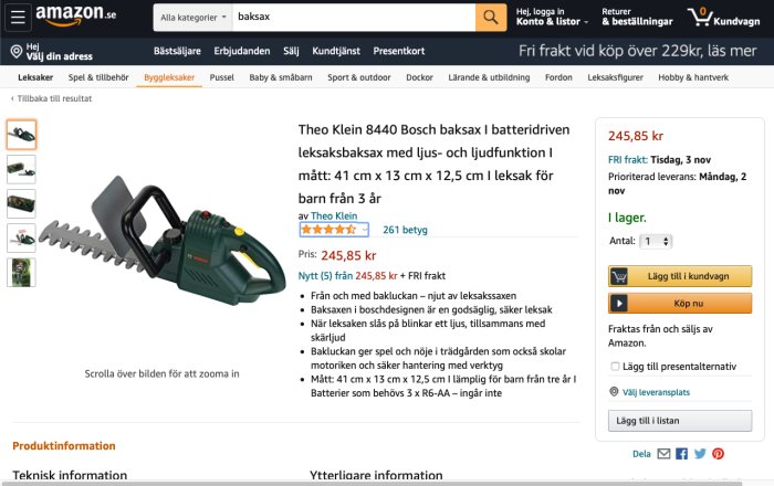 En skärmdump av en batteridriven leksakshäcksax på en e-handelssida med produktinformation och priset 245,85 kr.