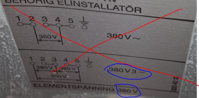 Inkopplingsanvisning för spis med "380V 3~" markerat i blått, vilket indikerar olämplig för enfas, överkryssat som varning.