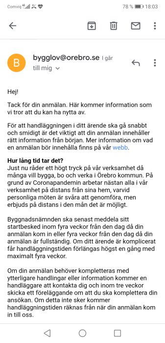 Skärmdump av ett e-postmeddelande med information om bygglovsprocessen från Örebro kommun.