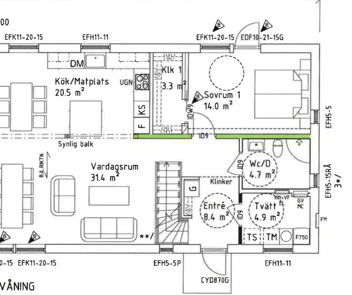 Ritning av enplanshus med kök, vardagsrum, sovrum, wc och tvättstuga markerade med storlek.
