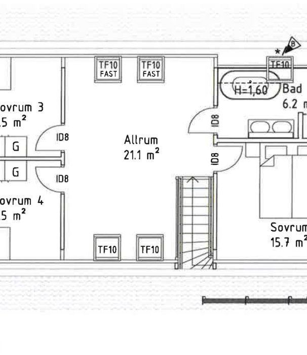 Ritning av en våningsplanslayout med märkning av sovrum, badrum, och allrum med storlekar angivna i kvadratmeter.