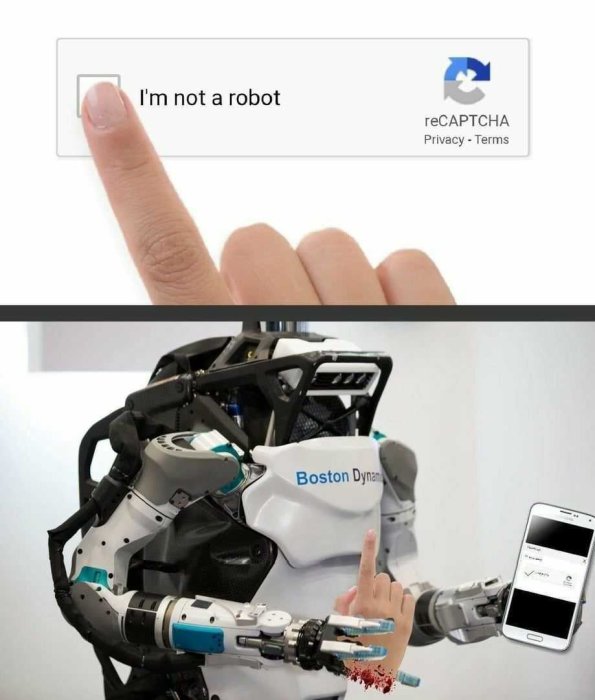 En robot från Boston Dynamics som klickar på "I'm not a robot" i ett reCAPTCHA-test medan en smartphone visas.