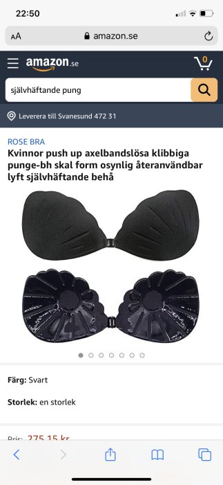Svart axelbandslös självhäftande behå med push up-effekt i osynlig design, återanvändbar.
