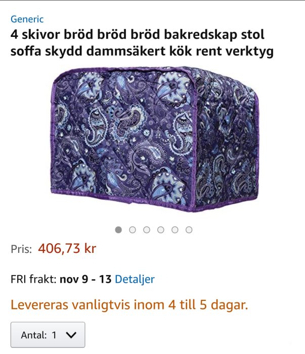 Lila brödöverdrag med paisleymönster som annonseras som "4 skivor bröd bakredskap stol soffa skydd".
