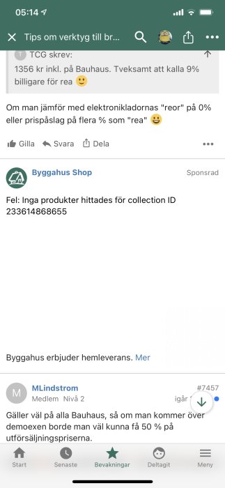 Skärmdump av ett foruminlägg med felmeddelande från Byggahus Shop om saknade produkter för ett angivet ID.