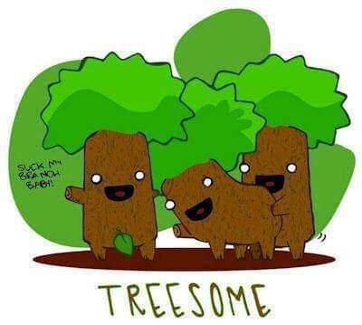 Illustration av tre karikatyr träd med ansikten som står nära varandra med ordet "TREESOME" nedanför.