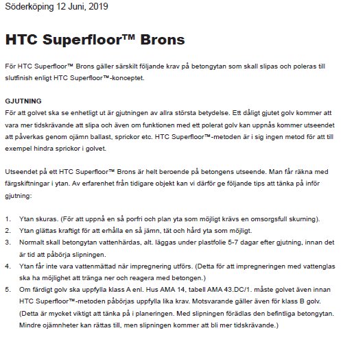 Sida från en manual för HTC Superfloor™ Brons med instruktioner för gjutning och efterbehandling av betong.