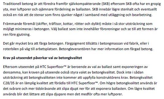 Textdokument med beskrivning av traditionellt betongarbete, dess processer och krav på ballast och betongkvalitet.