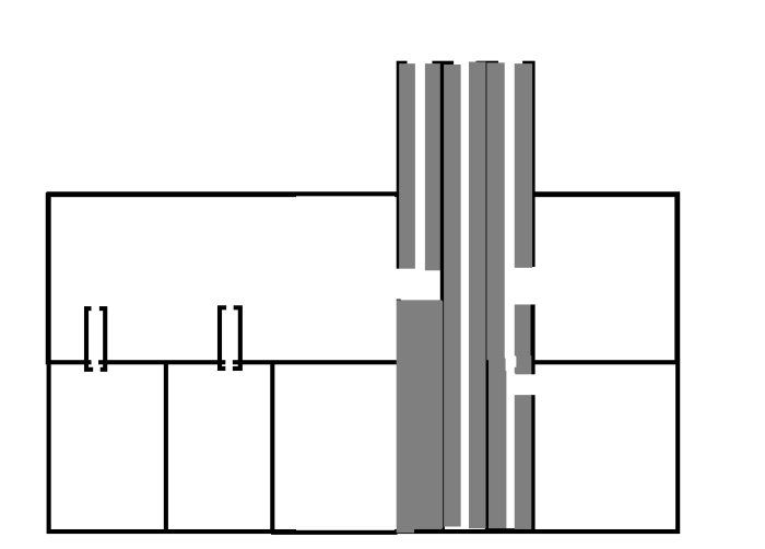 Schematisk illustration av ett hus med timmerstomme som visar ventilationssystemet med skorsten och pipor.