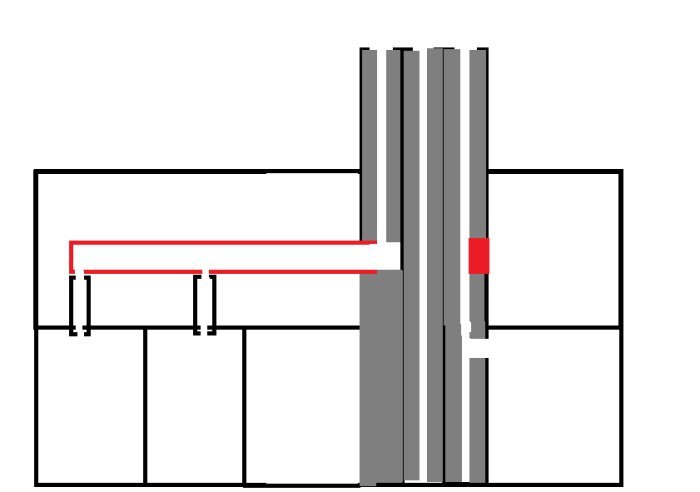 Schematisk illustration av husets planlösning med luftventilation, visar murstock, rör och markerade problemområden i rött.