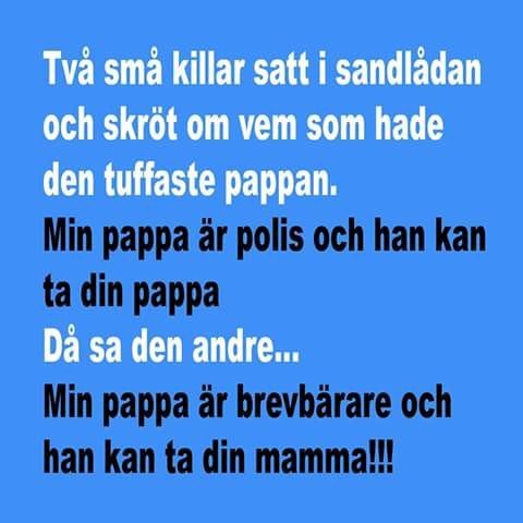 Text på bild med skämt där två barn skryter om sina pappor, en polis och en brevbärare.