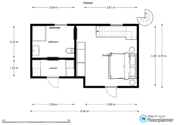 Ritning av planlösning för en källare med sovrum, badrum, tvättstuga och trappa.