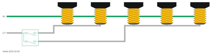Schema över kronkopplad armatur med fem lampor och en strömbrytare, enkelisolerade kablar är markerade.