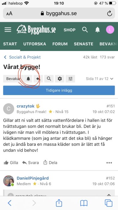 Skärmdump av forumdiscusson med markerad tråd "Vårat bygge" på bygghus.se.