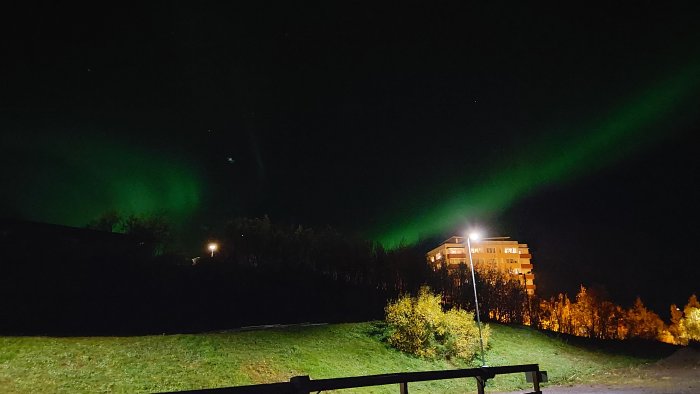 Nordljus över en nattlig stad med byggnader och träd, sett från ett mörkt fält.