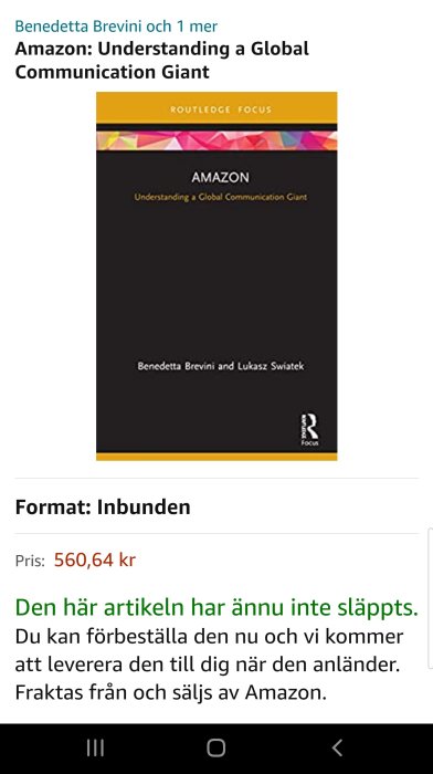 Skärmbild av en ännu ej utgiven bok på Amazon med titeln 'Amazon: Understanding a Global Communication Giant'.