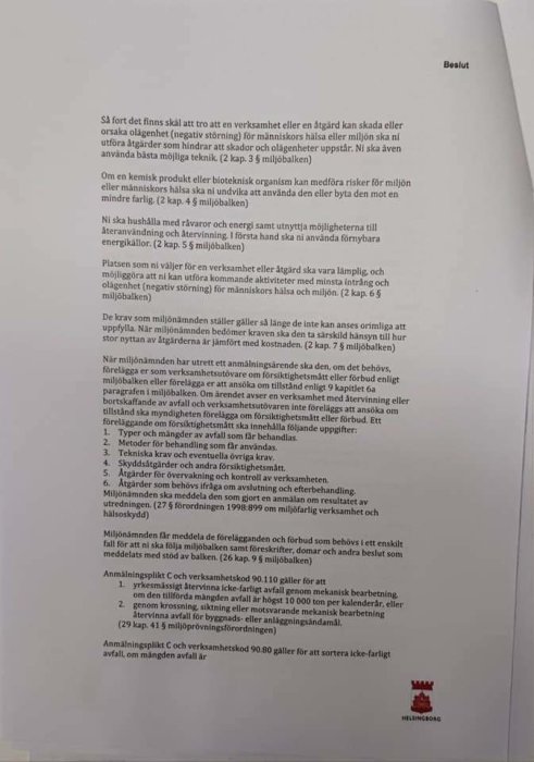 Officiellt dokument med text relaterad till miljölagstiftning och beslut om klagomål på bullernivåer.