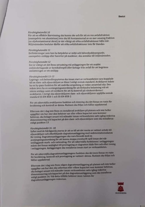 En bild på ett dokument med text som behandlar försiktighetsmått och beslut gällande miljöfrågor.