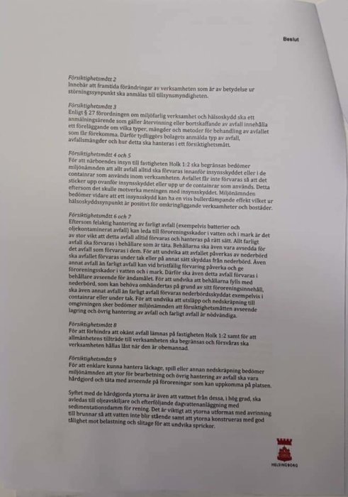 Dokument med text om försiktighetsmått och miljöpåverkan från en verksamhet, relaterat till en klagomålssituation.