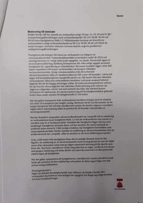 Dokument med rubriken "Motivering till beslutet" gällande miljöprövningsförordning, diskussion om boendes bullerklagomål.