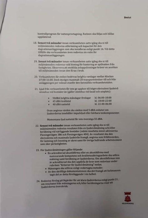 En bild av ett officiellt dokument som diskuterar bullernivåer relaterade till vattenprovtagningsverksamhet.