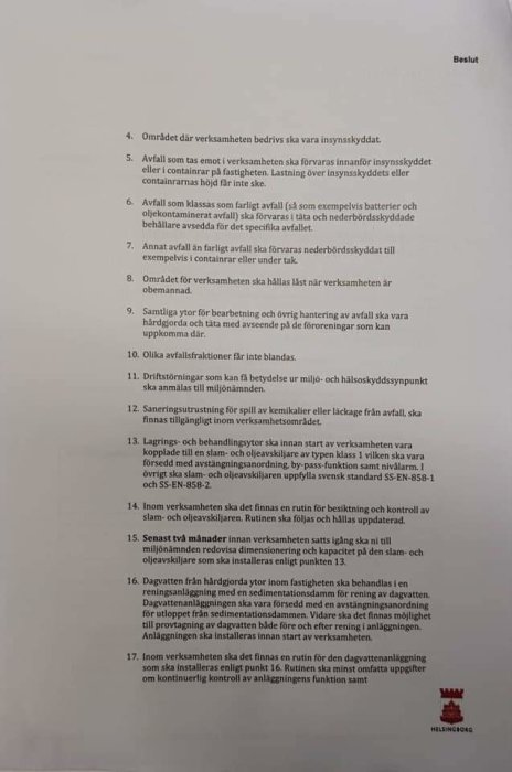 Bild av ett officiellt dokument med beslut, innehåller textpunkter om miljö- och hälsoskyddskrav för verksamheten.