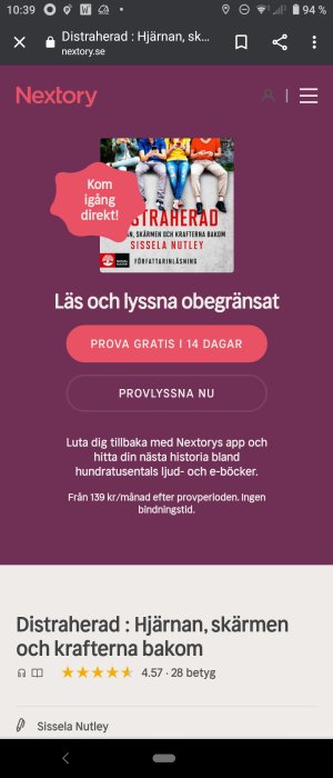 Skärmdump av Nextorys webbsida med reklam för gratis provperiod och bokomslag för "Disträherad".