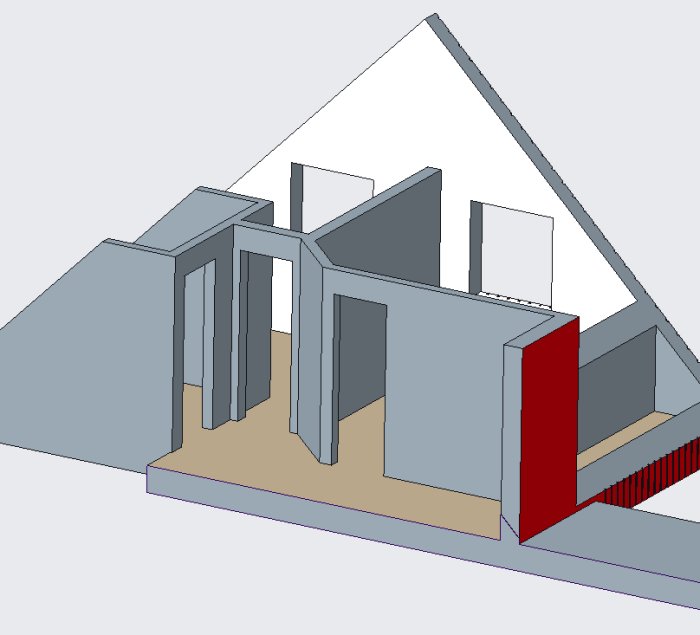 3D-modell av ett hus med en nyligen tillagd takkupa, flyttad trappa och en veranda under uppbyggnad.