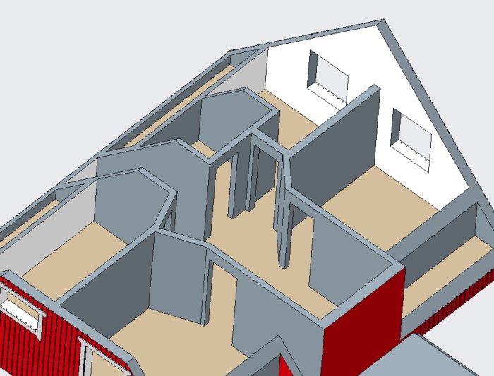 3D-rendering av en husvåning med komplex planlösning inklusive takkupa och veranda.