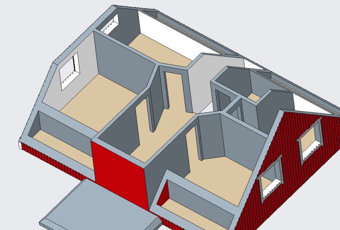 3D-modell av andra våningen i ett hus med en ny takkupa och en veranda under konstruktion.