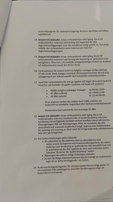 En uppslag av en textdokument som diskuterar riktlinjer och krav för miljöanmäld verksamhet inklusive ljudnivåmätningar.