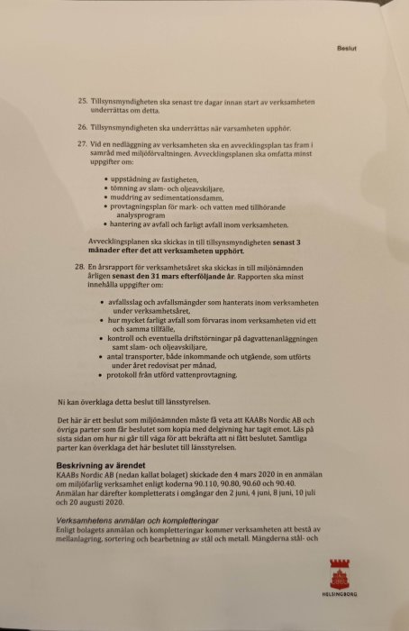 En sida från ett officiellt dokument med rubriken "Beslut" och text om miljörelaterade verksamhetsinstruktioner.