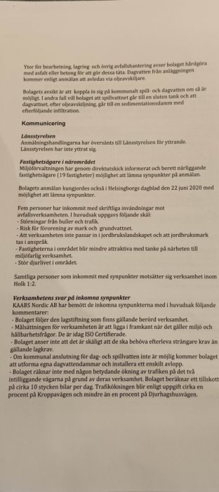 Bild på ett dokument med text om kommunikation och synpunkter kring ett byggprojekt och miljökonsekvenser.