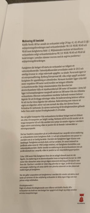 Dokument som visar "Motivering till beslutet" för KAABS Nordic AB:s verksamhetsanmälan, diskussion om miljöpåverkan och rekommendationer.