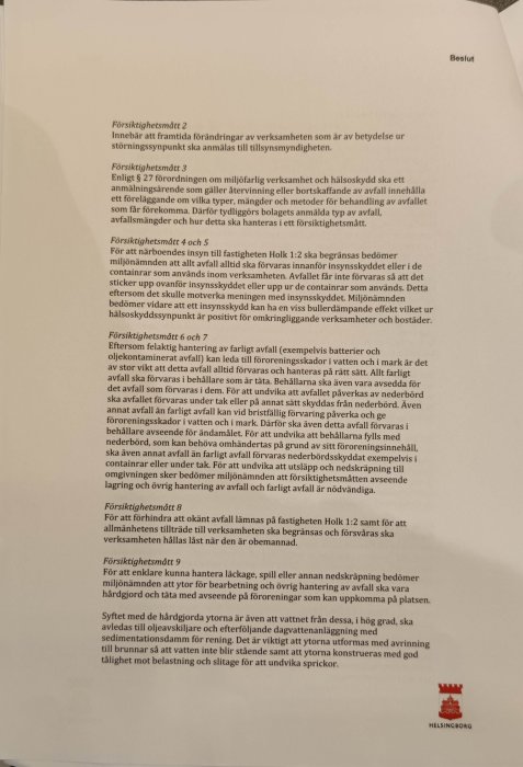 Sida av ett dokument med text om försiktighetsmått för hantering av avfall, delvis synligt kommunvapen i övre höger hörn.