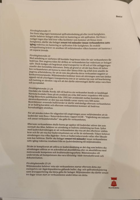 En bild på ett dokument med text och beslut angående en kommunal verksamhet, med Helsingborgs stad vapensköld i hörnet.