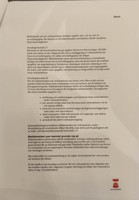 Sida från ett beslutsdokument med rubriken "Beslut," regler och information från Helsingborgs kommun, med en röd kommunlogotyp.