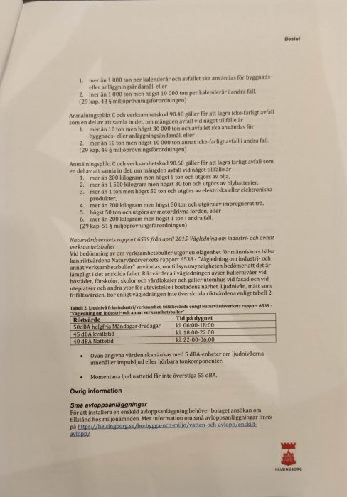 Dokument med text avseende regler för avfallshantering och ljudnivåer från Naturvårdsverkets rapporter.