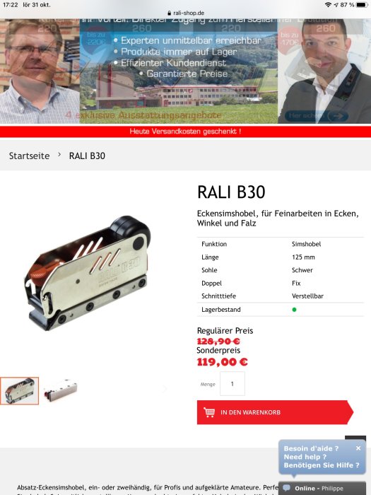 Screenshot av Rali Bullnose hyvel på rali-shop.de med specifikationer och pris.