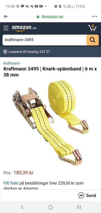 Gult spännband från Kraftmann för säkring av last, visat på Amazon.
