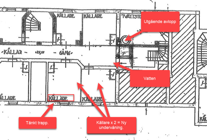 Arkitektonisk ritning som visar placering av vatten, avlopp och planerad trappa i en källare.