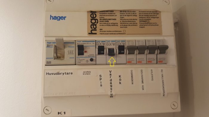 Säkringsskåp med en nedtryckt säkringsbrytare markerad med gult, etiketter för vardagsrum och kök synliga.