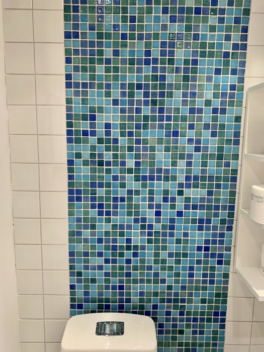 Del av en toalett med turkos mosaikvägg ovanför en vit toalettstol, omgivet av vita kakelplattor.