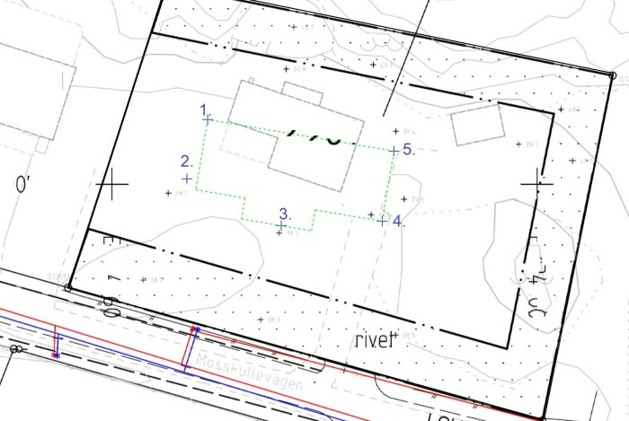 Situationsplan med markerade punkter för undersökning av bergdjup på en byggtomt, inklusive vägar och tomtgränser.