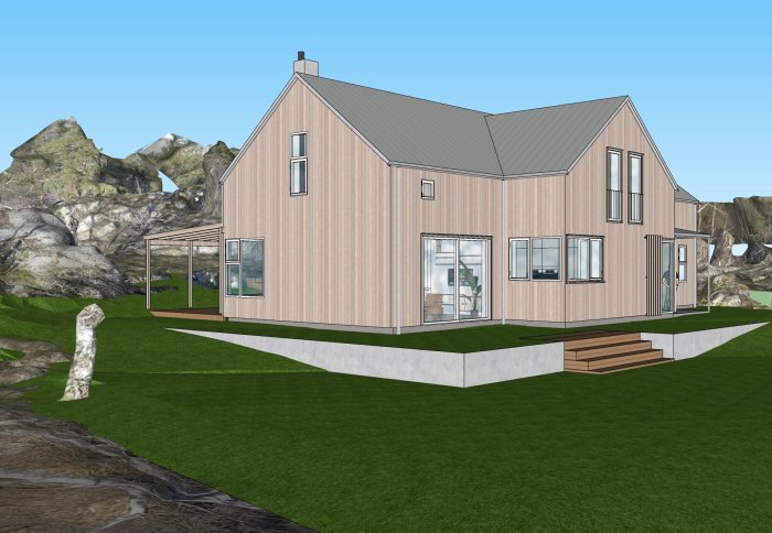 Digital illustration av ett hus med träfasad nära en bergsknalle som ska sprängas för renoveringsprojekt.