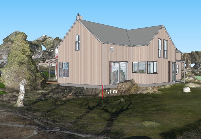 3D-rendering av ett hus på ojämn terräng med berg och märke som visar 1,1 meter ovan marknivå.